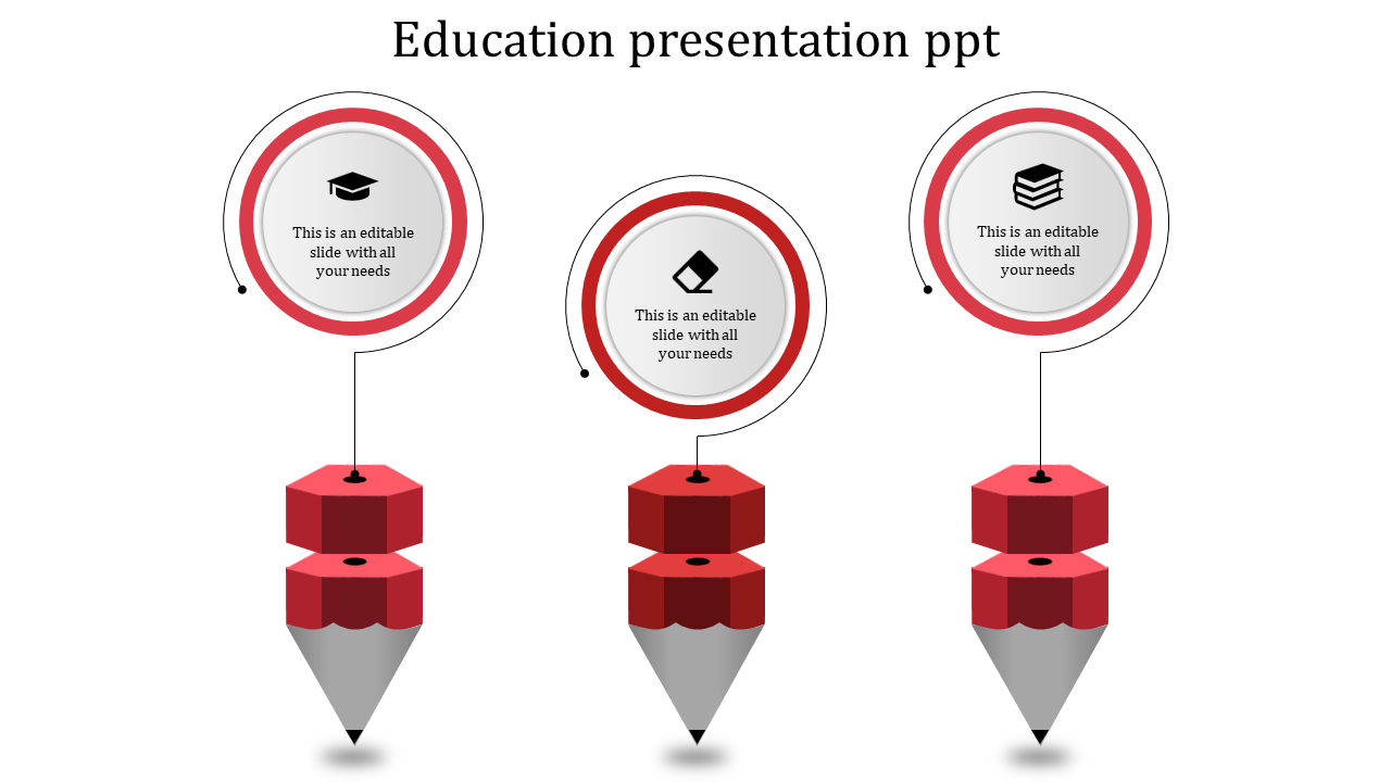 Three red pencil shaped designs with circular icons above, showcasing education themed symbols and text areas.