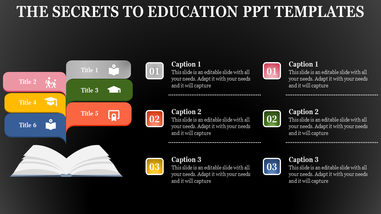 Dark themed slide with an open book illustration, featuring colorful text boxes, and numbered captions on the right.