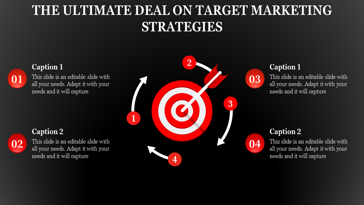 Target marketing strategies PPT slide with a circular target and arrows representing different stages on a dark theme.