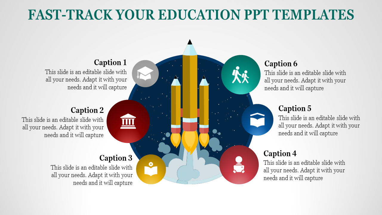 Education-themed slide with a rocket made of pencils launching from the center, surrounded by six colorful icons.