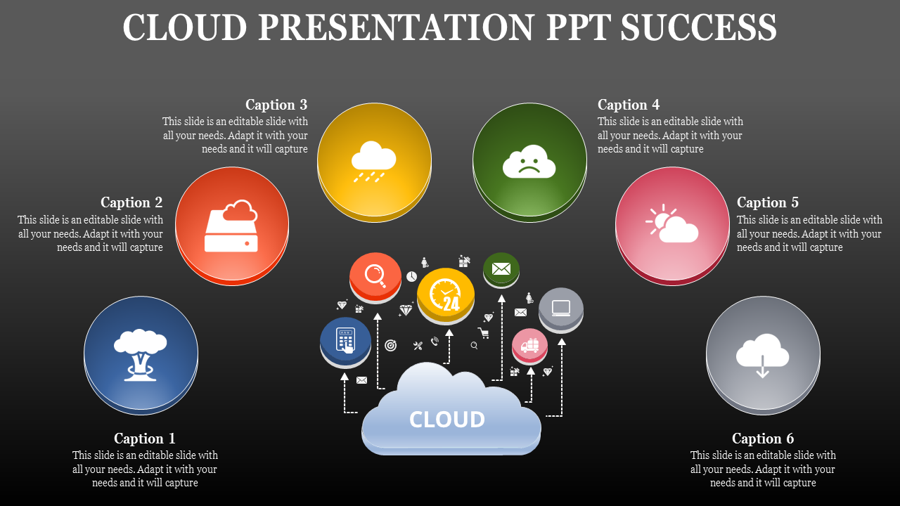 Cloud illustration at the center surrounded by colorful circular icons on a gradient gray background.