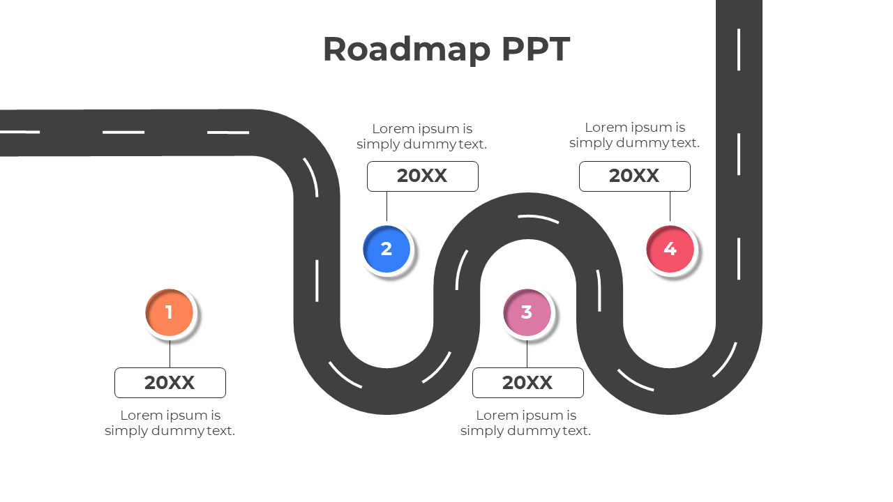 A colorful roadmap with four steps, each marked with numbers and space for descriptions and dates in a PowerPoint template.