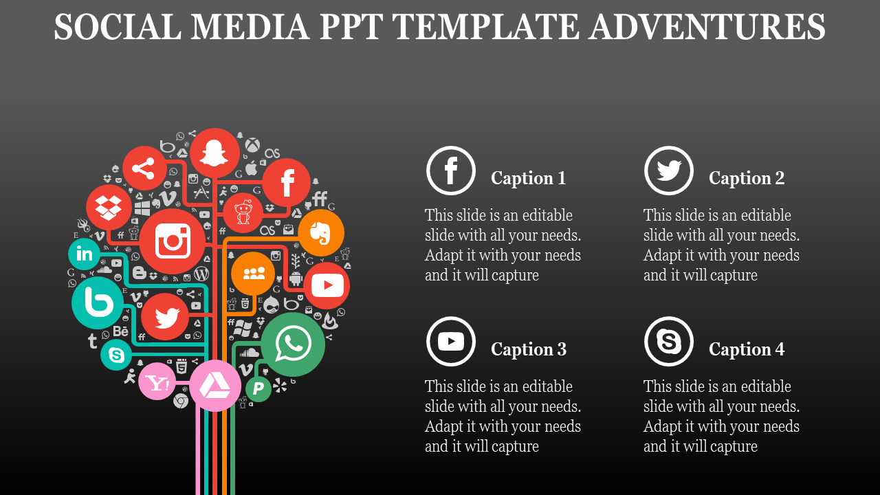 Social media-themed template with a tree graphic composed of colorful platform icons and space for captions.