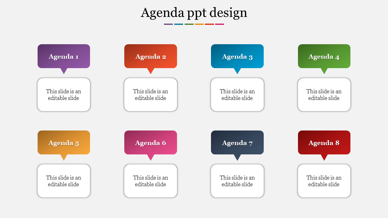 Colorful agenda design with eight sections in purple, red, blue, green, orange, pink, navy, and maroon with caption areas.