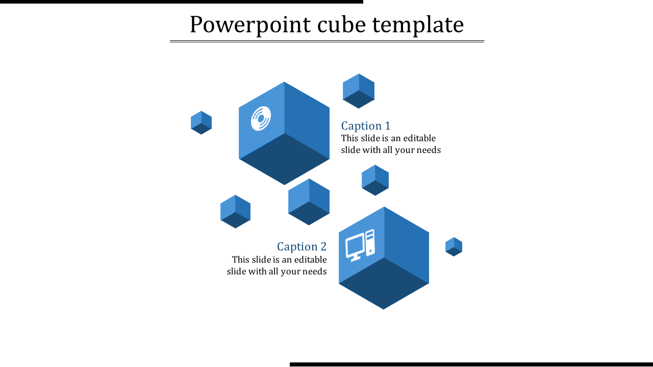 Blue 3D cubes of varying sizes arranged in a scattered layout, with icons and two captions on a white background.