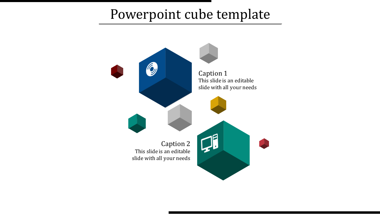 Two large cubes in blue and teal with icons, surrounded by smaller multicolored pieces, with captions next to each.