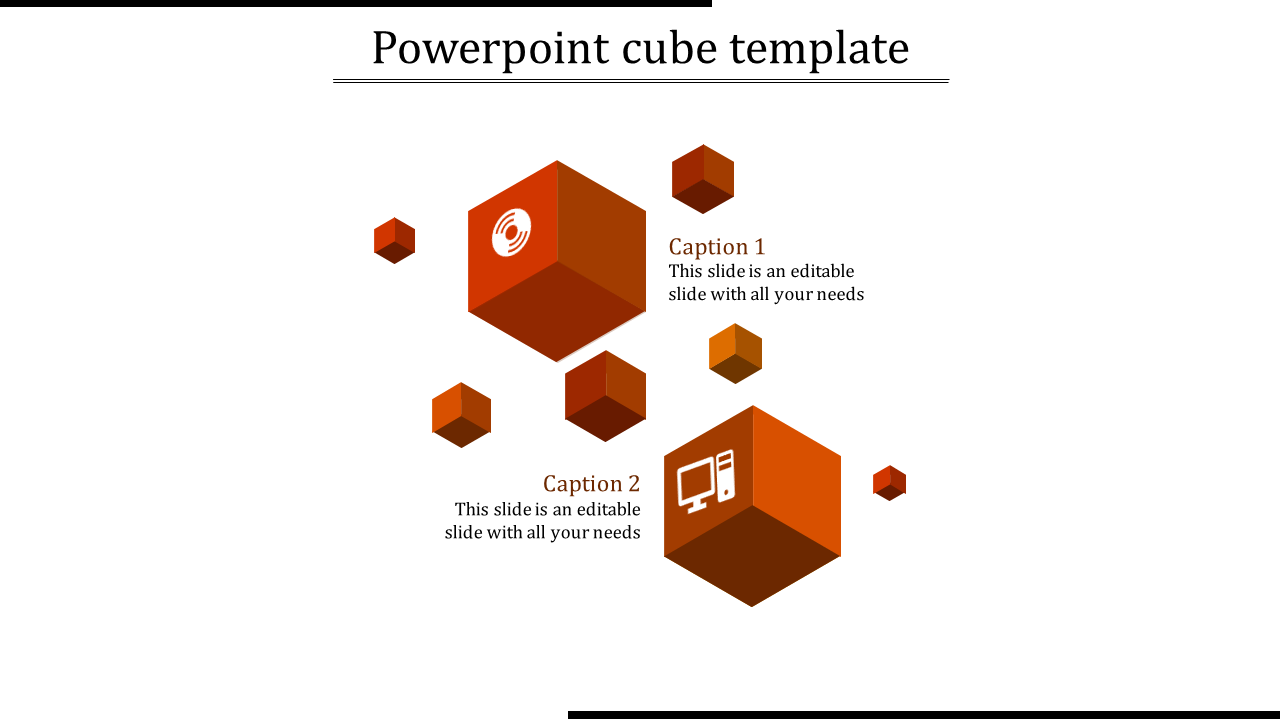 Orange 3D cubes of varying sizes arranged in a scattered layout, with icons and two captions on a white background.