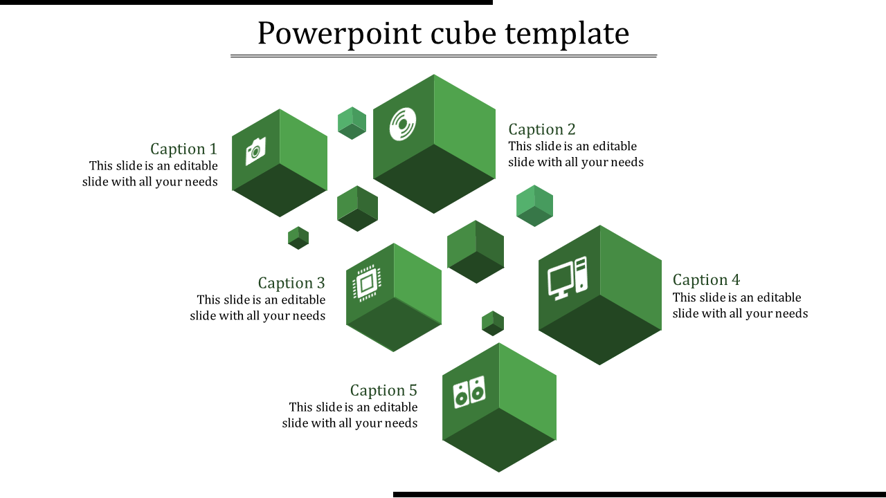 Slide with green 3D cubes arranged in a scattered layout, each featuring icons and five captions on a white background.