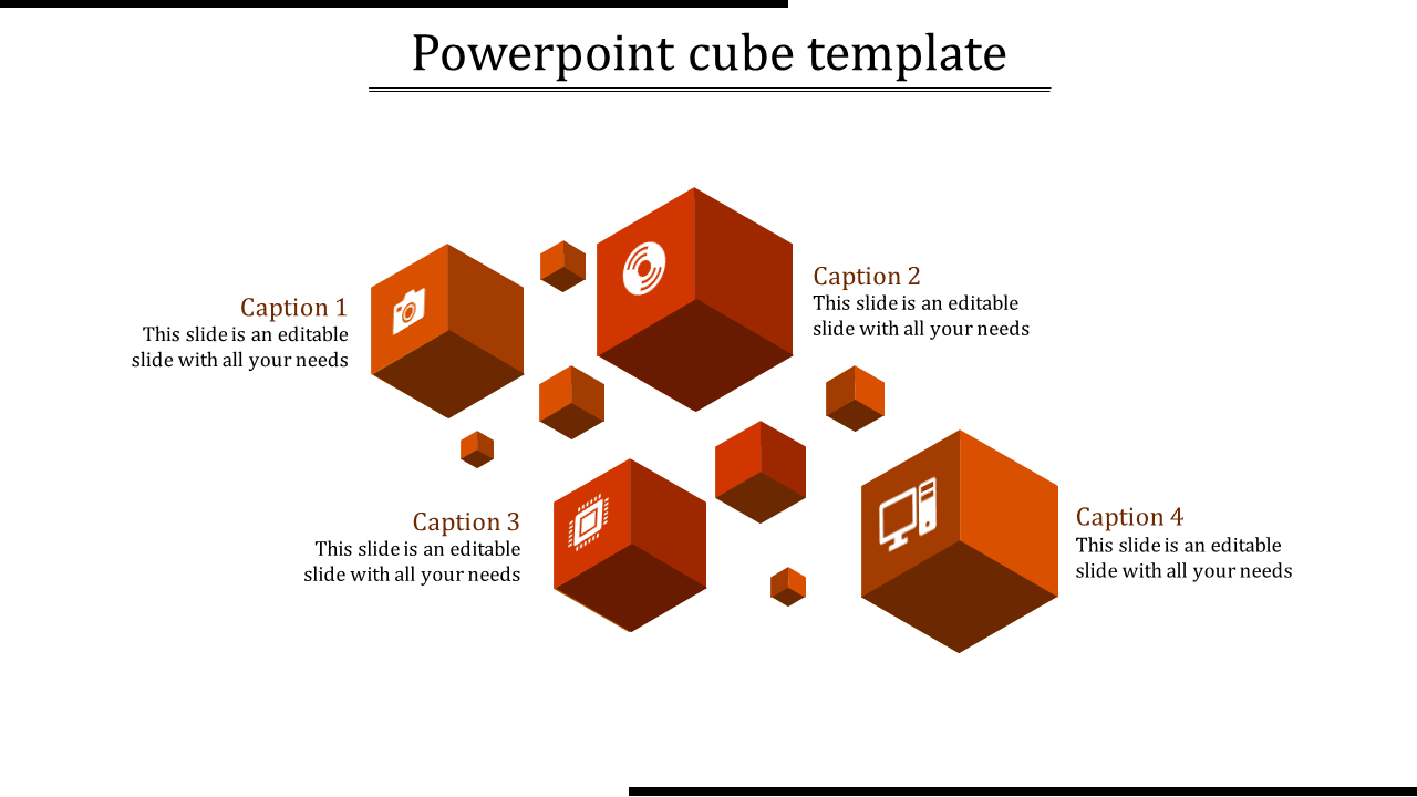 Slide featuring 3D orange cubes with icons, each paired with  captions areas on a white background.