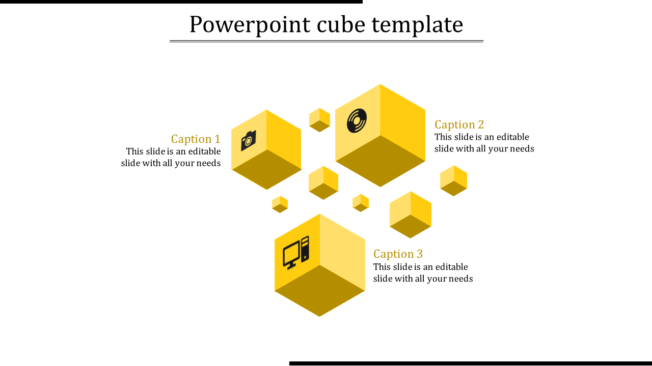 PowerPoint slide with yellow cubes featuring icons and captions with placeholder text.