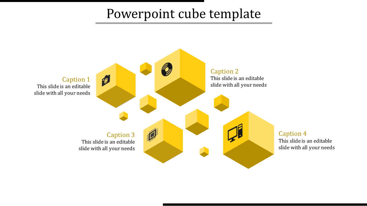 Yellow-themed cube infographic featuring icons for camera, target, microchip, and computer, arranged with captions.