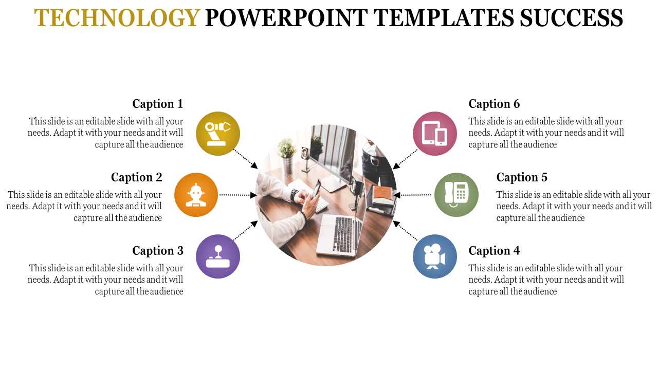 Technology themed slide with a central circular image of a desk setup, surrounded by six colorful icons and captions.