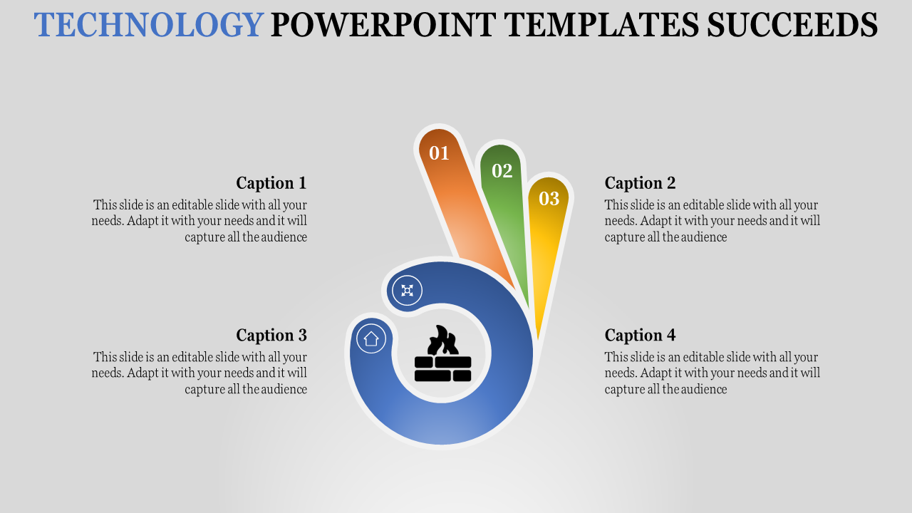 Technology slide showcasing a colorful design with arrows pointing to different icons, representing progress with captions.