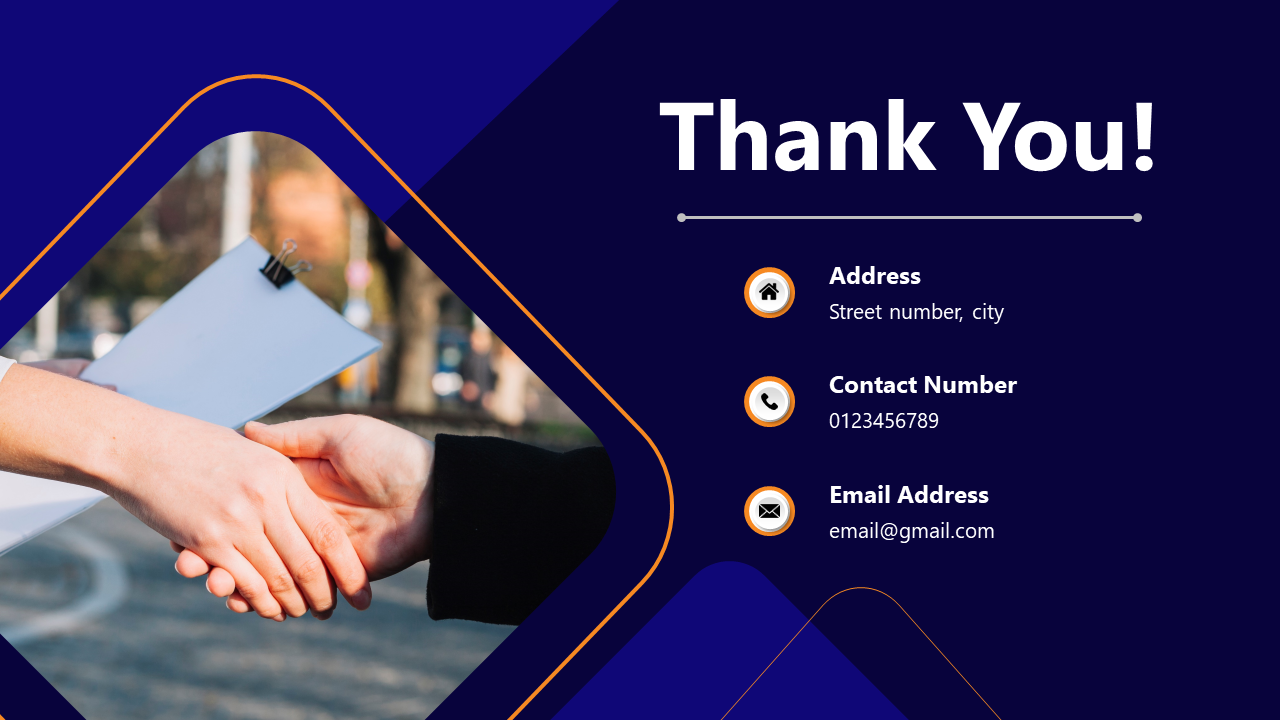 Thank you slide with a handshake image and placeholders for contact information: address, phone number, and email.