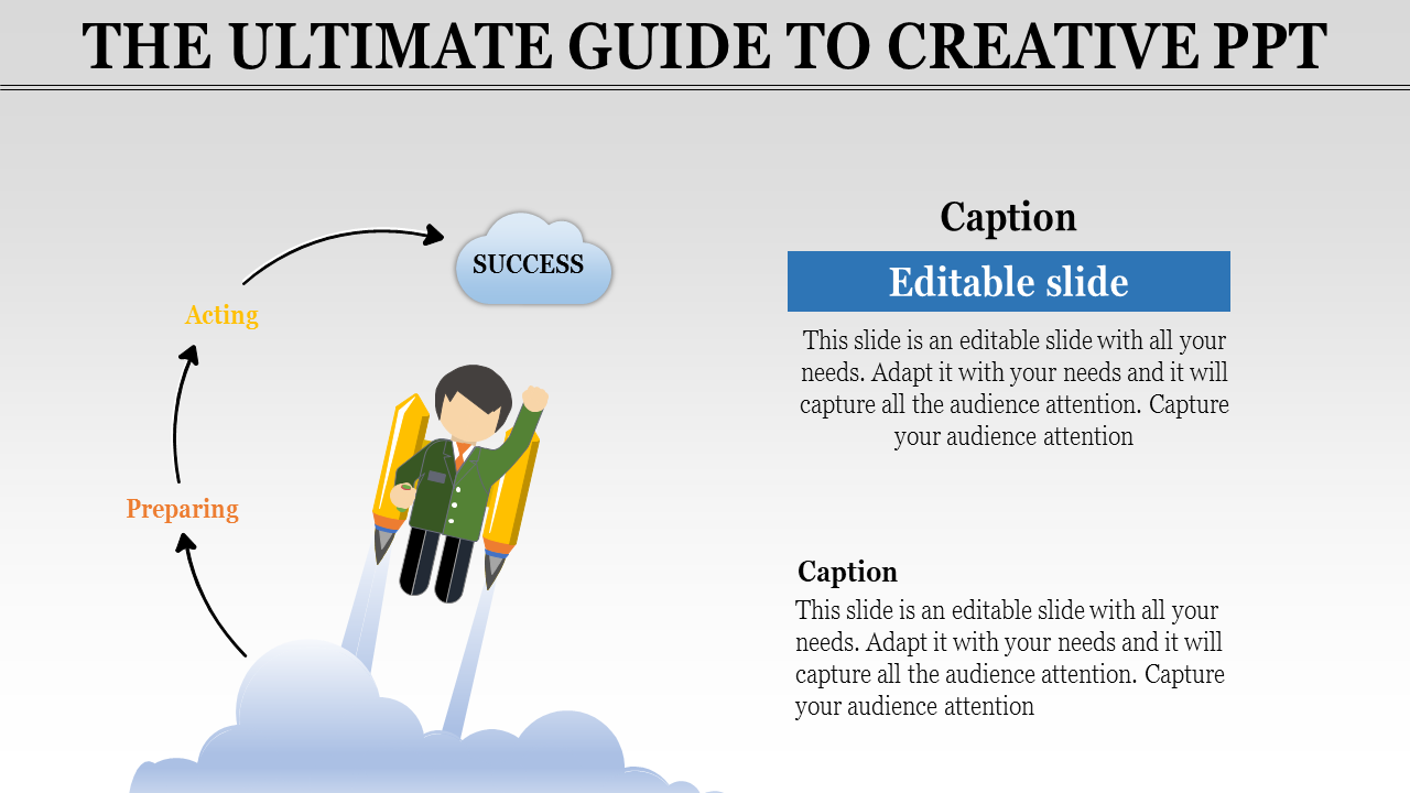 Slide illustrating the creative journey from preparation to success, with an animated character with placeholder text.