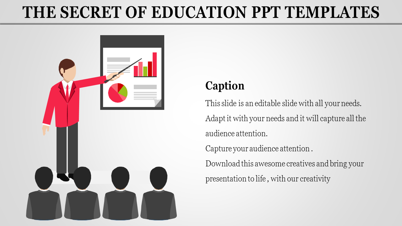 Education themed slide showing a presenter, a data chart, and a caption area on a minimalist background.