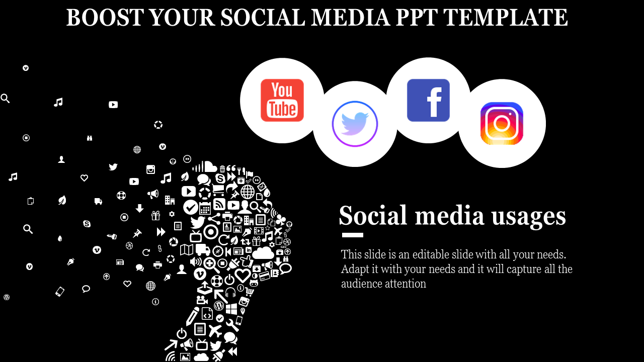 Slide featuring platforms like youtube, twitter, facebook, and instagram with a head silhouette made of social media icons.