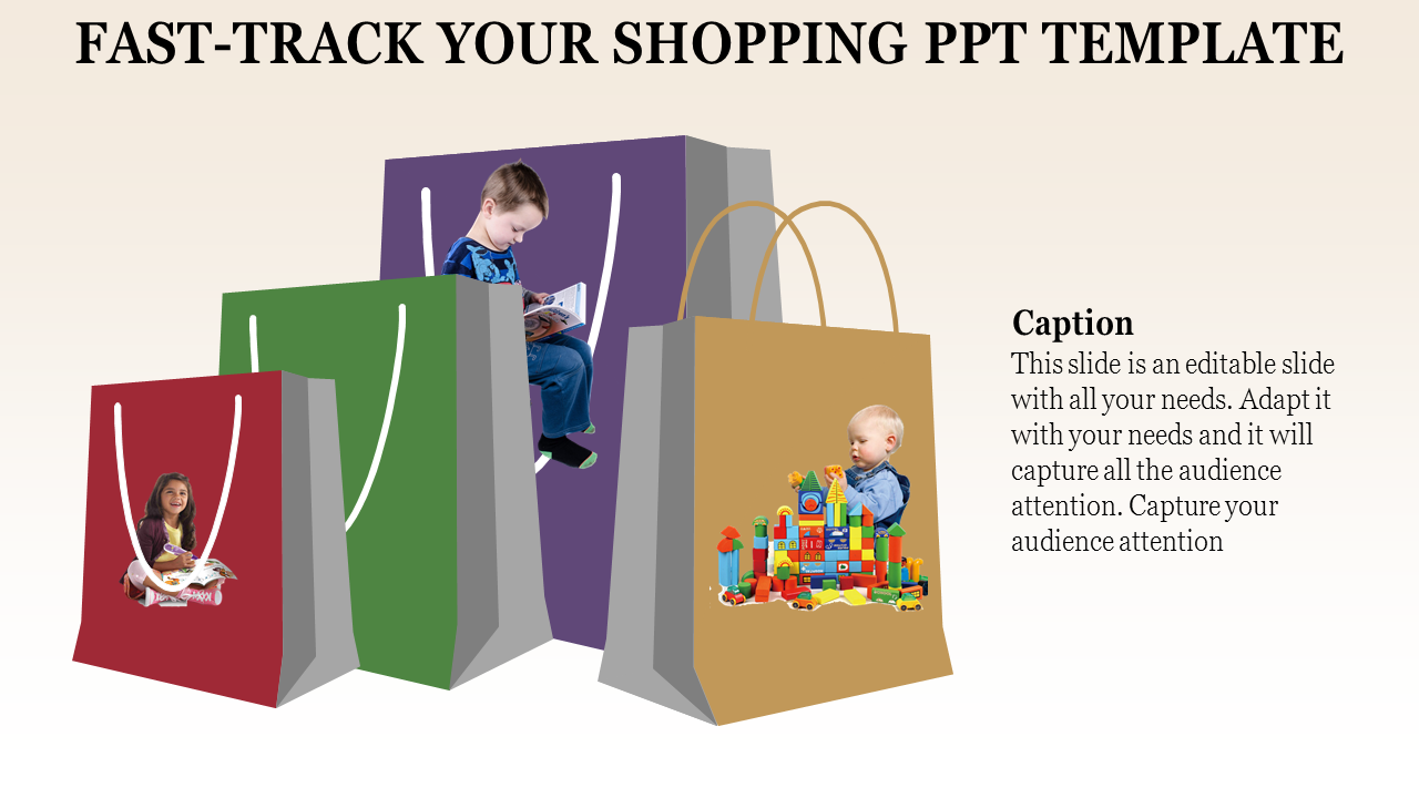 Four shopping bags in red, green, purple, and gold with images of children and toys, and caption on the right.