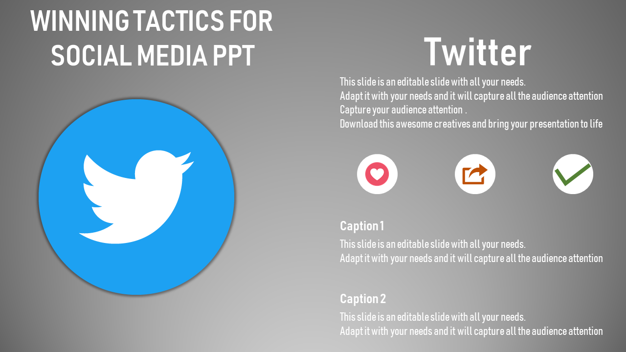 Social media slide with a Twitter logo in a blue circle, three icons and captions on a gray background.