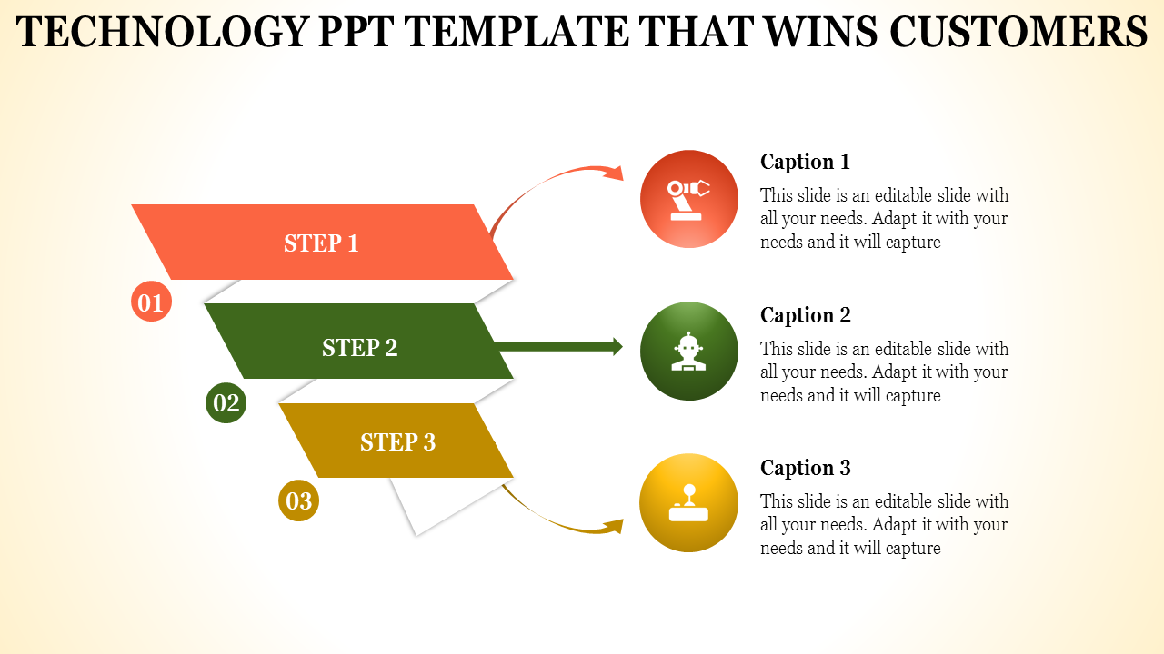 Technology PowerPoint template with a funnel diagram illustrating three steps, with captions for each step and icons.