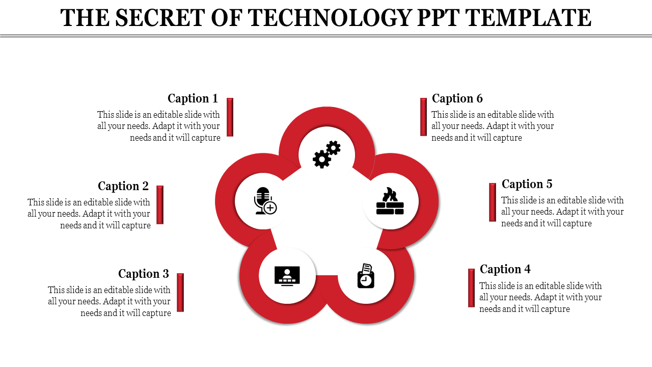 Infographic with red floral design, six circular icons, and descriptive captions, focusing on technology topics.