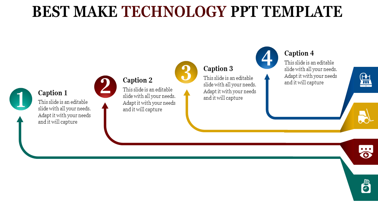 Technology slide with four numbered circles in green, red, yellow, and blue, connected by arrows, with captions and icons.