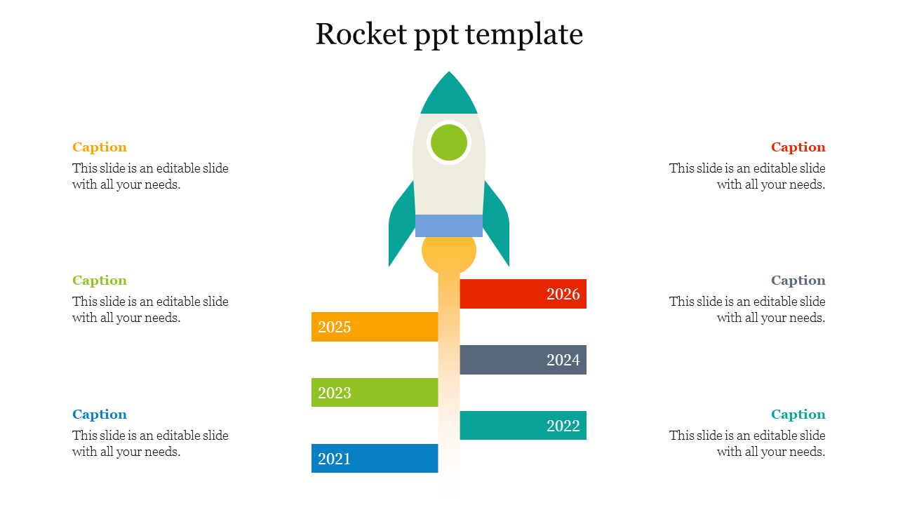 Central rocket illustration with six colored horizontal bars representing years from 2021 to 2026 on each side.