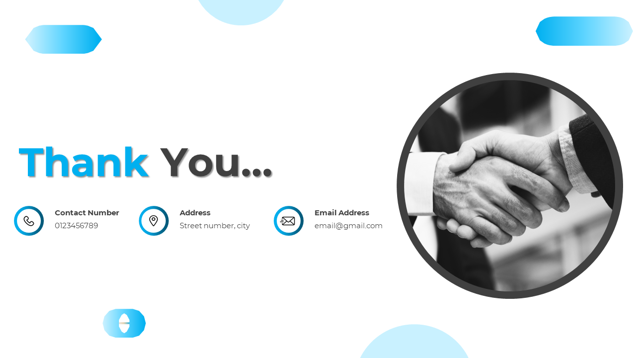 Thank you slide with bold blue text, three contact icons, and a black and white handshake image in a circular frame.