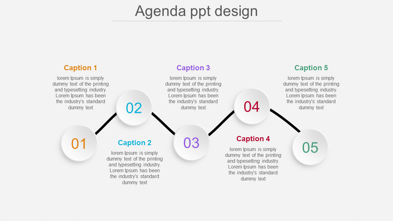 Colorful agenda design PowerPoint slide with five numbered sections and text captions.