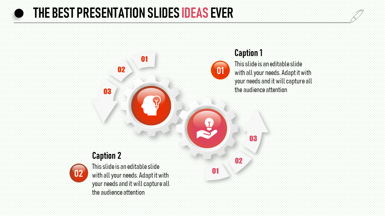 PowerPoint slide with gear icons, numbers 01, 02, and 03, and lightbulb graphics representing ideas with captions.