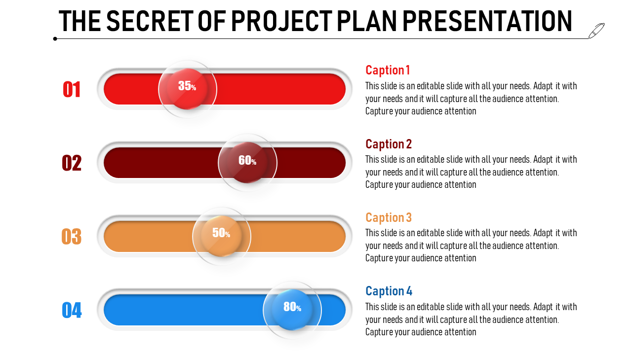 Project PowerPoint slide showing four progress bars at different completion levels with corresponding captions.