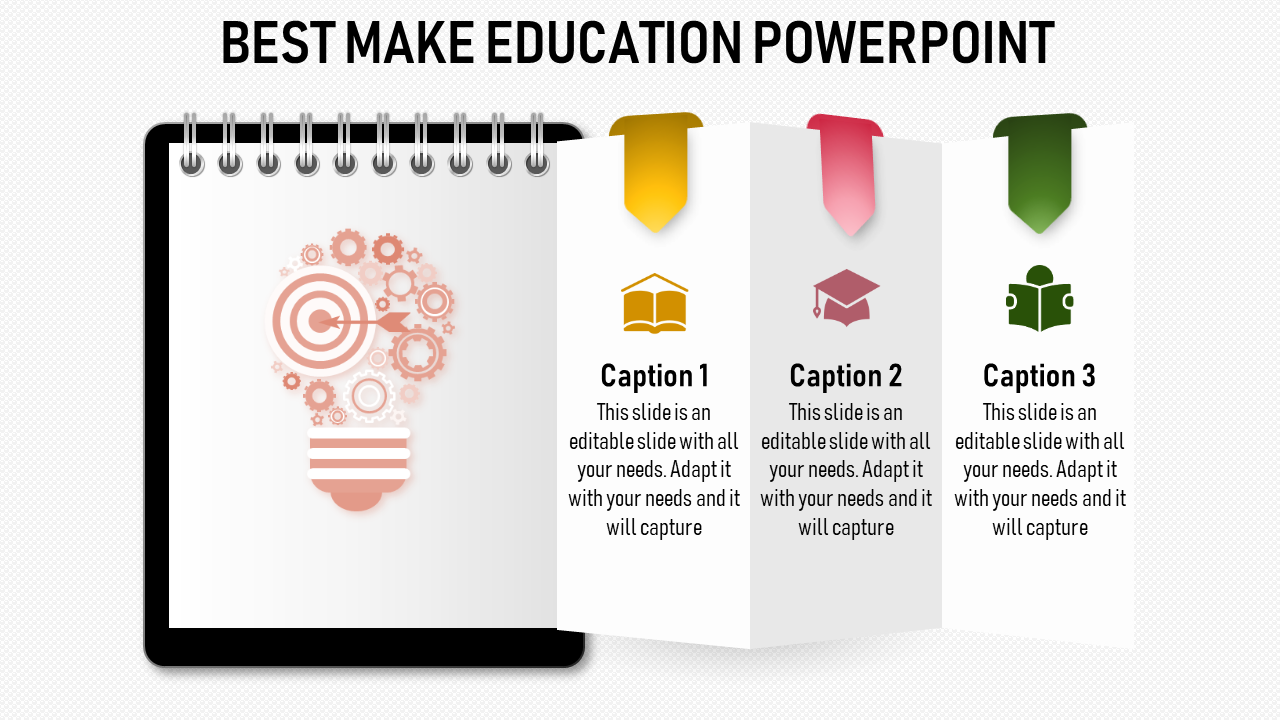 Lightbulb shaped gear design in soft pink tones on a notebook layout, and three vertical caption boxes with ribbon icons.