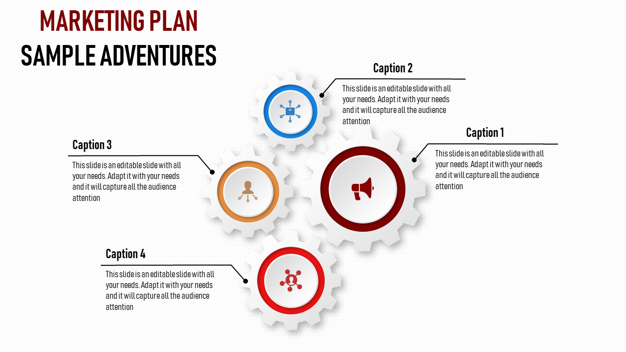 Gear-themed marketing layout with a central red gear and three supporting blue, orange, and white gears.