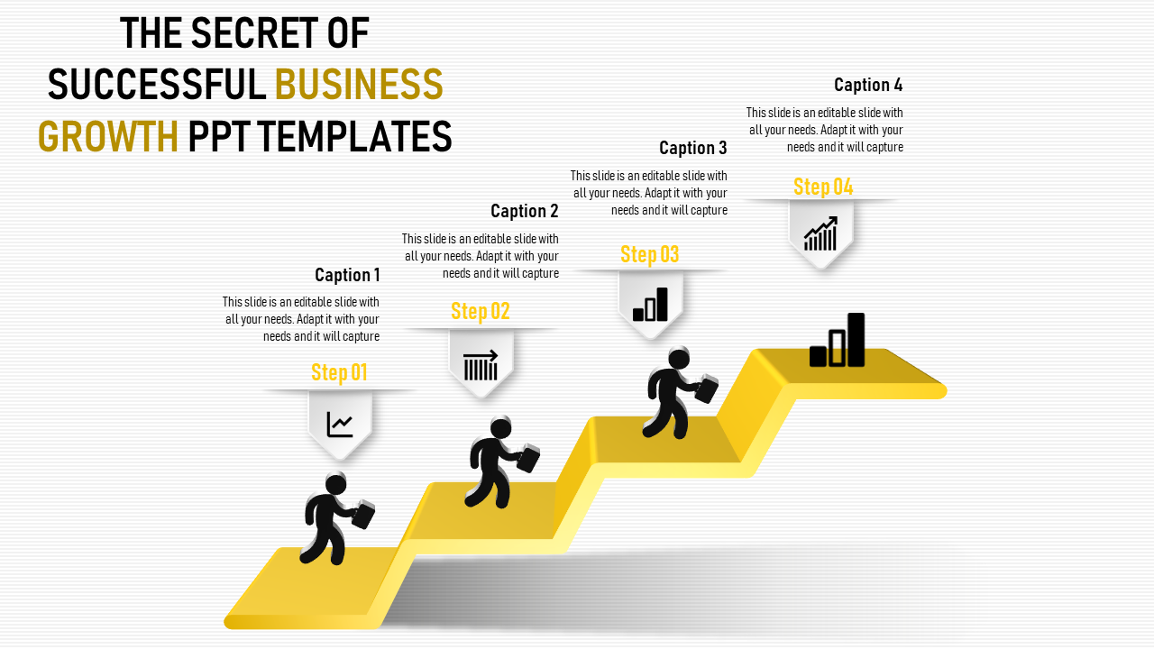 Steps to business growth slide represented by a 3D yellow staircase, with four labeled steps and business icons on each step.