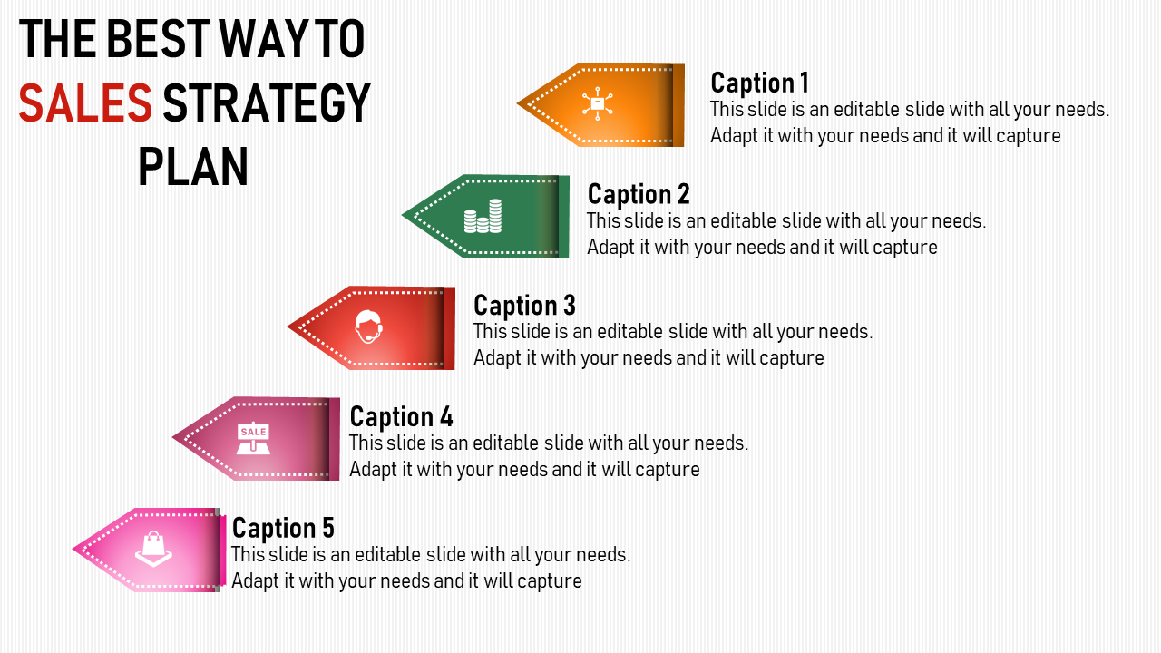 Sales slide with five colorful arrow shaped labels in orange, green, red, pink, and magenta, each linked to captions.