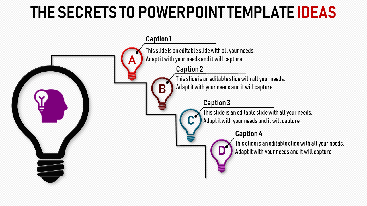 Infographic featuring a large lightbulb outline with a human head graphic inside, and four icons labeled A to D.