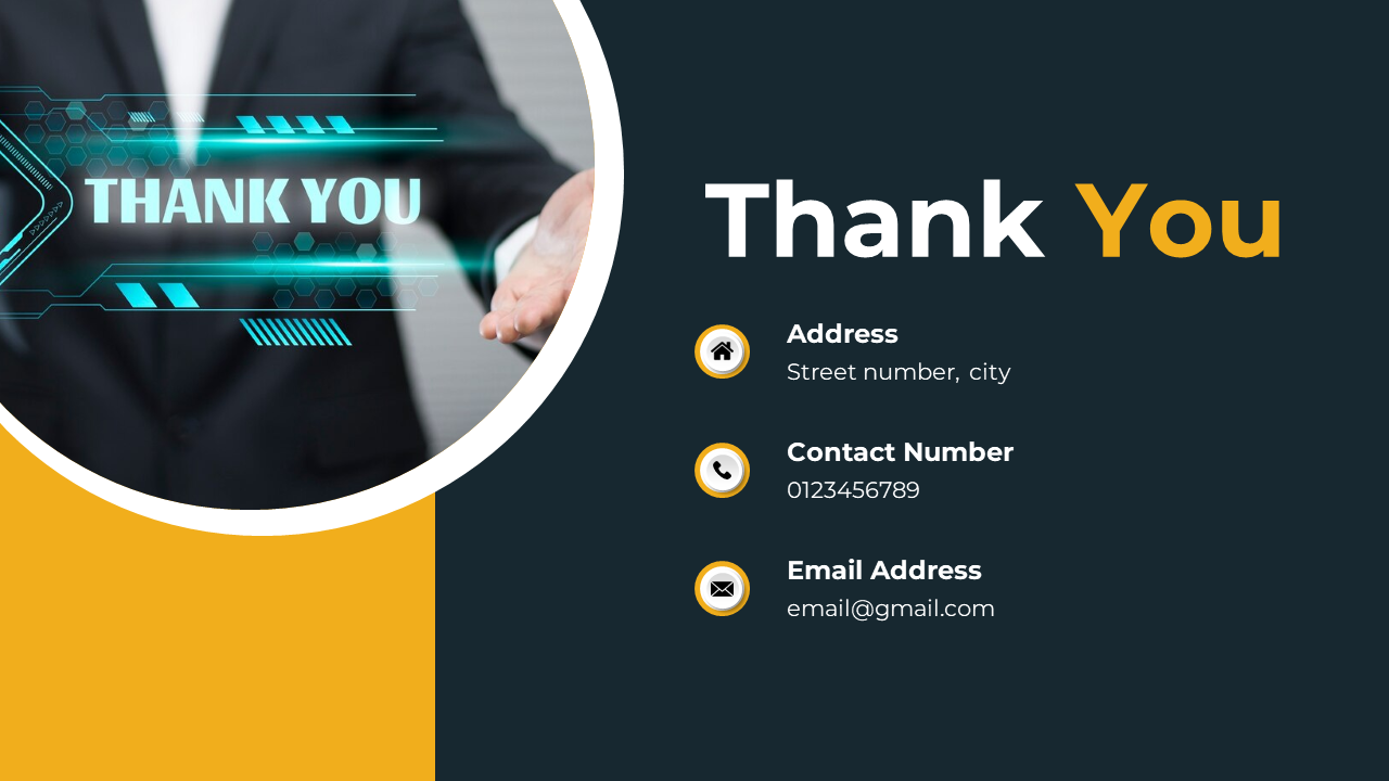 Professional thank you slide with contact details and a modern digital background.