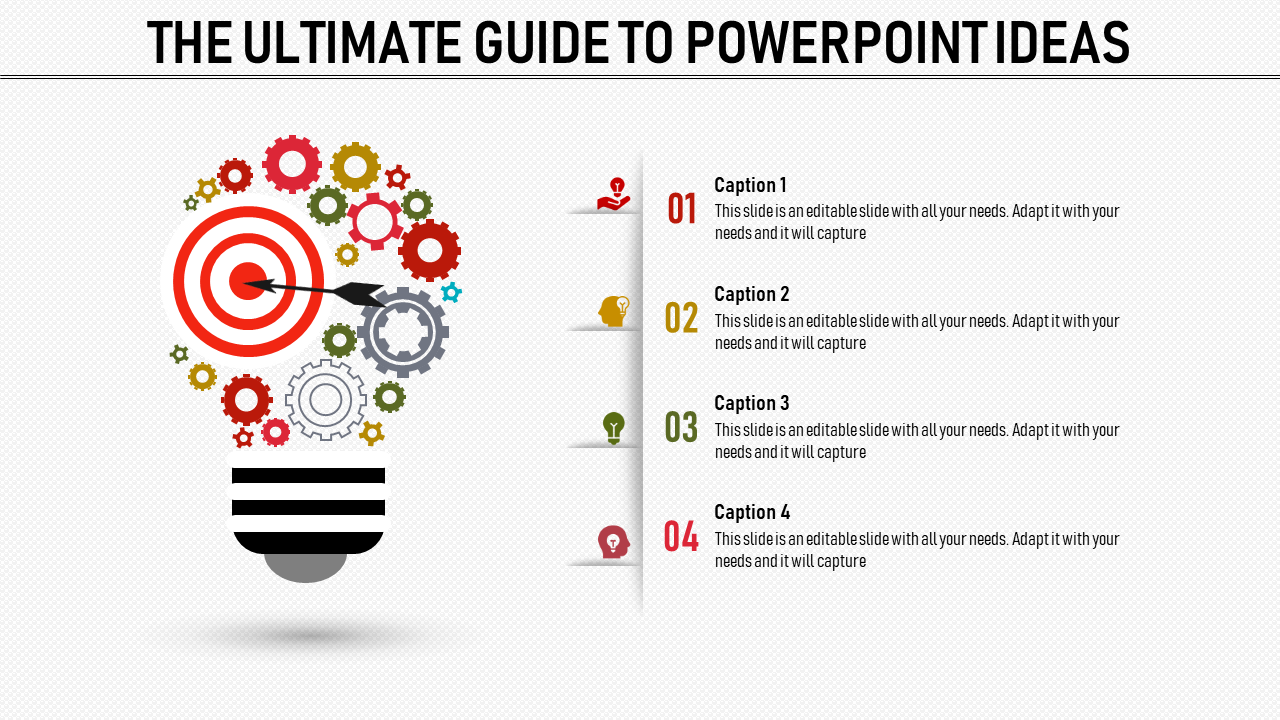 Innovative ideas slide with a light bulb of gears and a dartboard, accompanied by numbered captions explaining concepts.