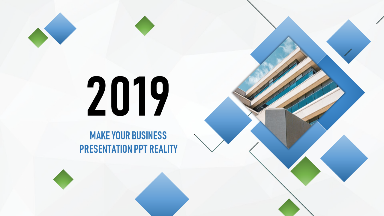 Modern business presentation slide featuring the year 2019 with geometric shapes and a building image.