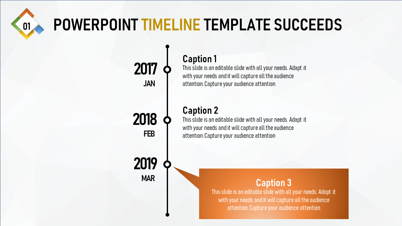 Timeline slide with yearly markers for 2017, 2018, and 2019, connected by a vertical line with a prominent orange section.