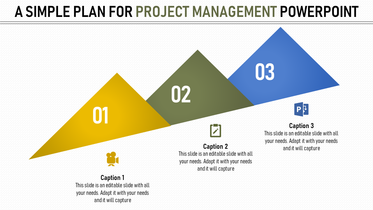 Project management slide with a three step triangular plan numbered 01 to 03, each labeled with captions.