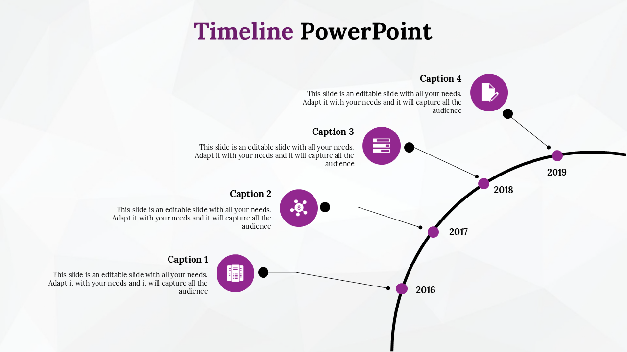 Curved timeline slide with yearly markers, icons, and placeholder captions, showcasing a sequential project or event flow.