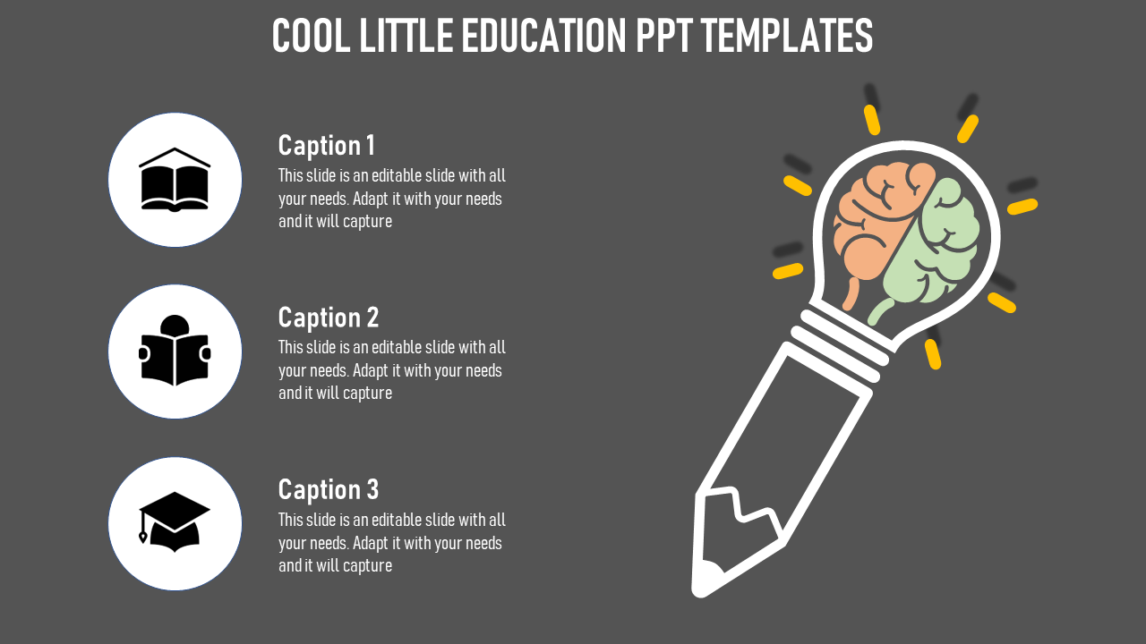 Slide with a gray background featuring three circular icons for education and pencil shaped lightbulb with brain elements.