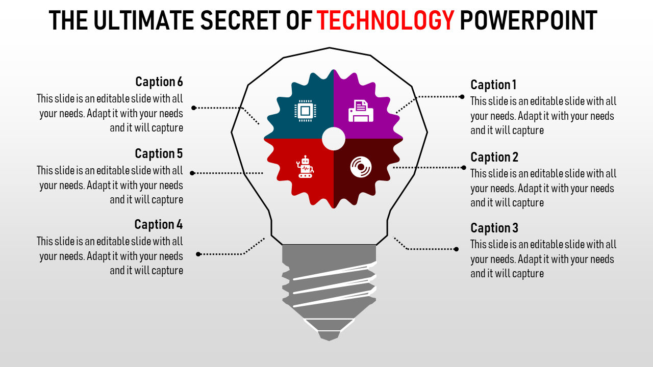 Technology PowerPoint template featuring a lightbulb with a gear and icons representing various elements with captions.