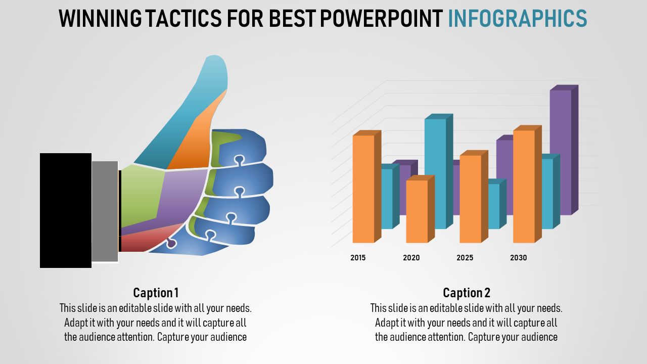 Infographic slide with a multicolored thumbs-up illustration and a bar chart projecting data from 2015 to 2030.