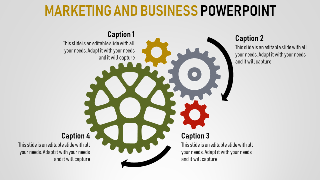 Business PowerPoint slide with interlocking gears in vibrant colors, representing workflow and strategy with captions.