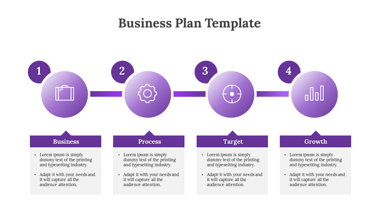 Business plan template featuring a linear sequence of four purple nodes, each labeled with icons and captions areas.