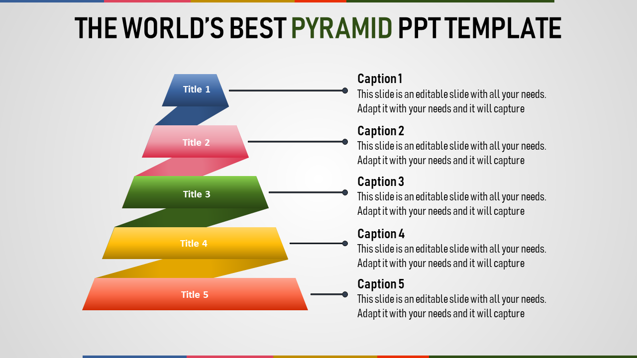 Stacked pyramid with five colored segments in blue, pink, green, yellow, and red, each labeled with titles and captions.