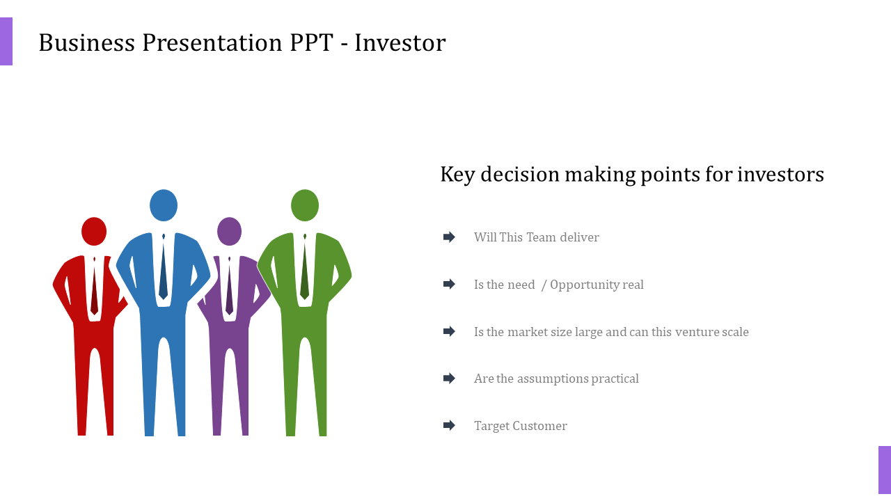 Illustration of four business figures in vibrant colors on the left and bullet-pointed investor criteria on the right.