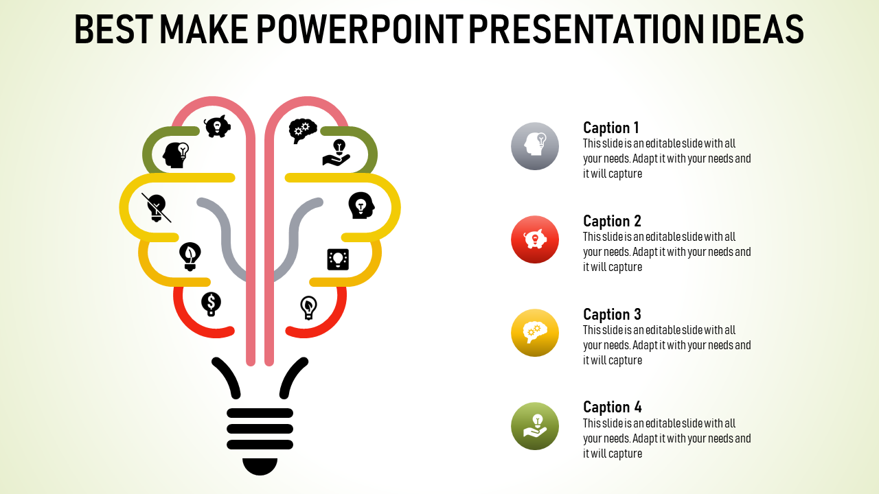 PowerPoint slide featuring an illuminated lightbulb with colorful icons symbolizing ideas and innovation with captions.